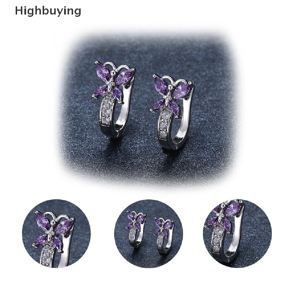 Hbid Anting Bulat Rose Gold Desain Kupu-Kupu Kecil Hias Kristal Zircon Multi Warna Pelangi Untuk Wanita