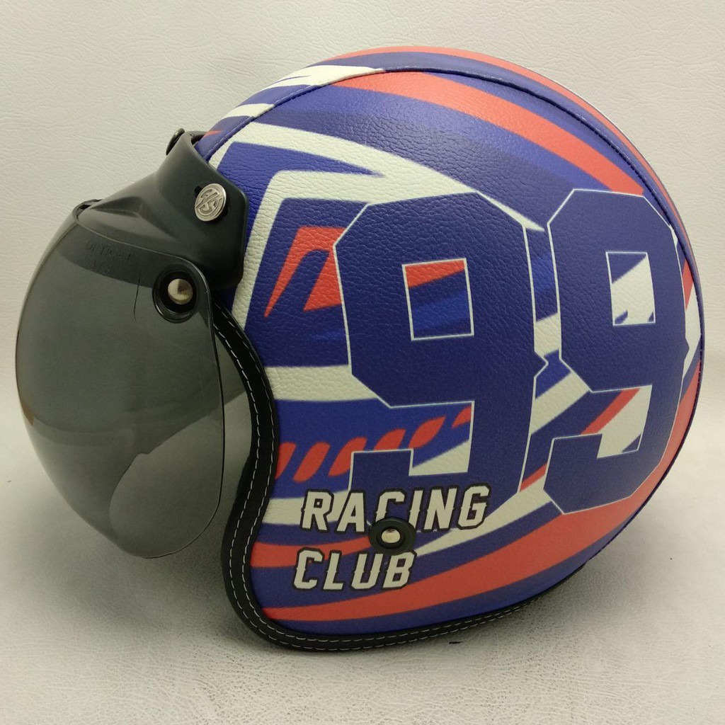 Helm Retro bogo Kulit Motif Racing Club 99 Kaca Bubble halfface helm unik