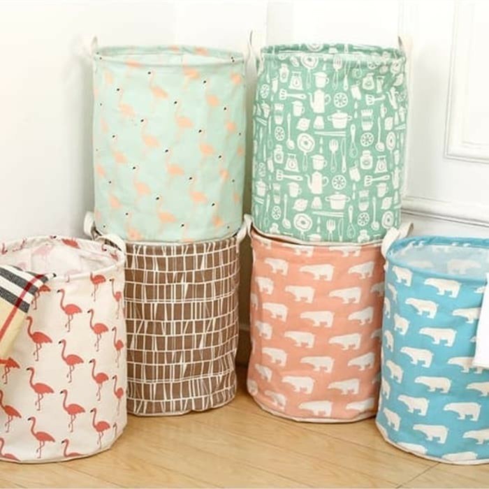 Keranjang Baju Laundry Bag Lipat Bahan Kanvas Anti Air Bulat 35x45cm