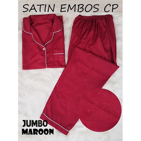 HipNop SATIN CP EMBOS JUMBO BAJU TIDUR WANITA CELANA PANJANG PIYAMA CEWE CEWEK SLEEPWEAR MAROON-1