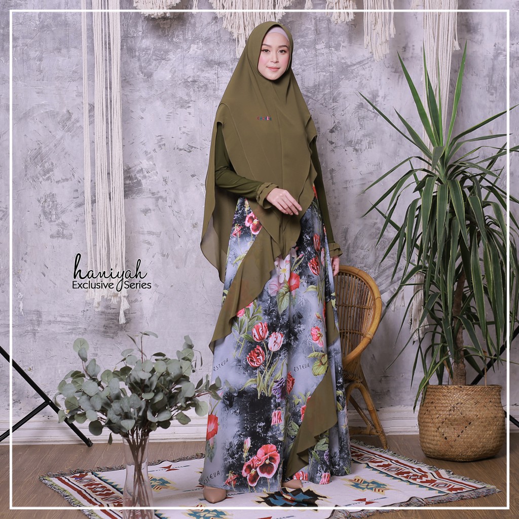 HANIYAH EXCLUSIVE SERIES BAJU GAMIS SYARI SET PRINTING KHIMAR CERUTY BABYDOLL BY ESTEVA