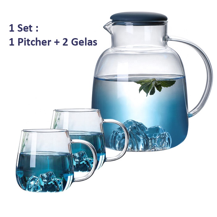 Pitcher Set Kaca Estetik Teko Set Gelas Kaca Unik Warna Gradient Blue 1.8 L