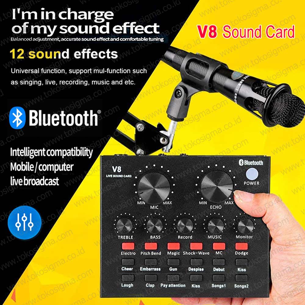 BLUETOOTH AUDIO LIVE SOUND CARD USB EXT MIC VOICE EFEK SUARA BROADCAST V8