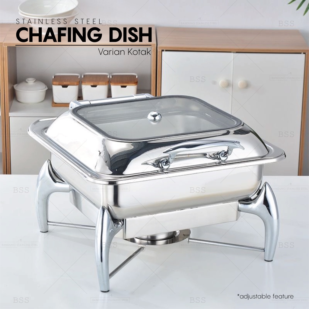 Chafing Dish Hidrolik Hydraulic 6L Prasmanan Stainless Kaca Tebal Kotak Bulat Wadah Tempat Makanan Saji Mewah Elegan