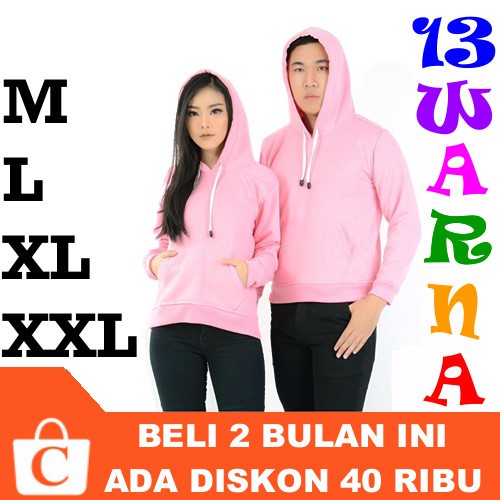 13 WARNA M L XL XXL - Jaket Hoodie Pria Wanita Polos Kantong Perut BABY PINK - CORATCORETUDIO