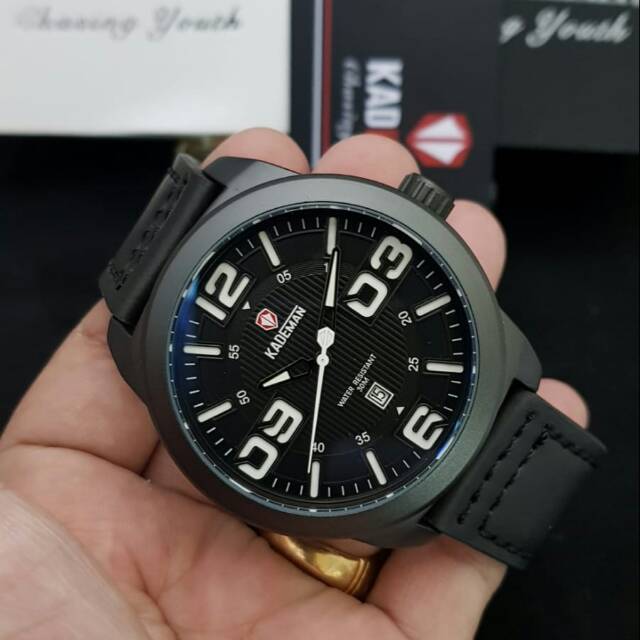 Jam Tangan Cowok Pria Kademan 697G Black Tali Kulit Original