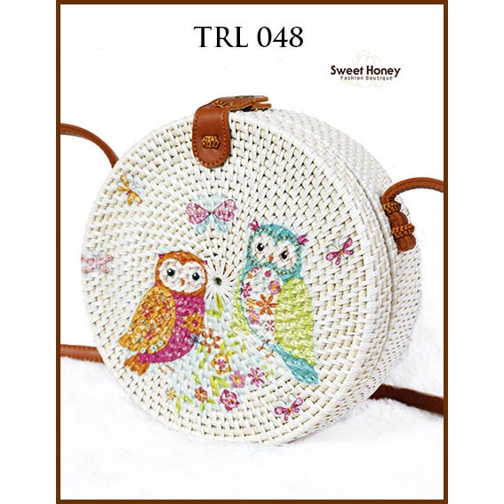 Sweet Honey ~ Grosir Tas Rotan Bulat 20cm Bali Lukis Decoupage Motif Owl TRL048 [Bisa COD Bayar di tempat]