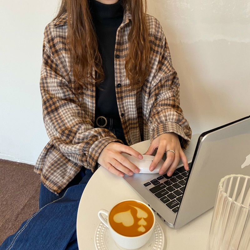 AJWShop Kemeja Flanel Wanita Lengan Balon Oversize Import Tebal Premium | Atasan Kemeja Wanita Jumbo Import Bahan Tebal | Kimberly Kemeja Flanel Import Premium | Kemeja Planel Wanita-TEBAL Brown