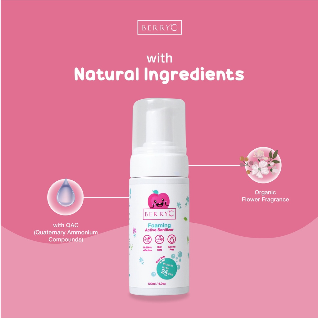 BerryC Active Sanitizer Foam 120ml Natural Food Grade Hand Antiseptik Non Alcohol Alkohol Aman untuk Bayi Lembut Sensitif Kulit Rinseless Soap Sabun Tanpa Bilas Travel Size Mudah Favorit Anak Efektif COVID19 HFMD Flu SIngapore Singapura Impor Perlindungan