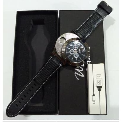 Terbaru!! Jam Tangan Pria Korek Elektrik USB Hadiah Api Rokok Quartz Fashion Pria Warna Hitam