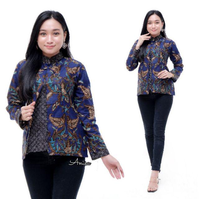 tey-17 Batik wanita ASJ SA HRB026 Kenongo Kemeja Tosca Pendek-Bunga navy