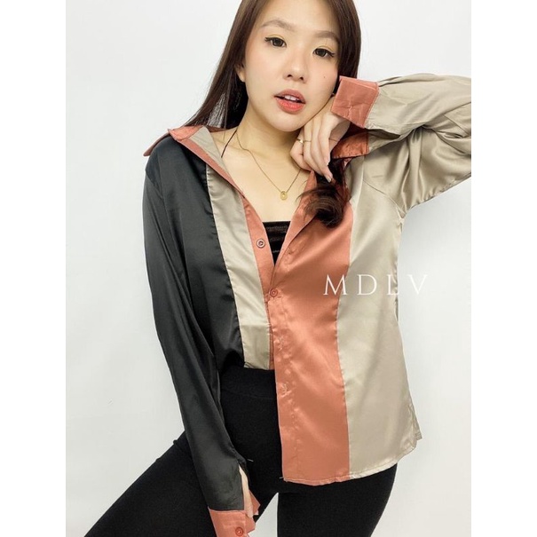 MDLV ~ 2820# Francesca Patchwork Shirt Kemeja Ombre Fashion Import