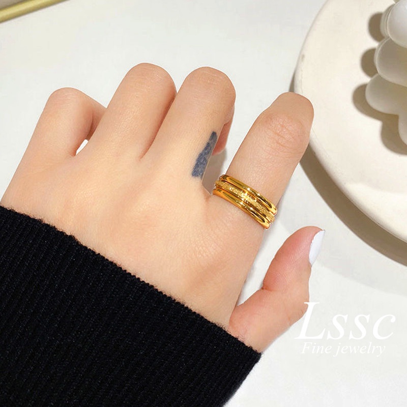 3 Pcs/Set Cincin Titanium Wanita Klasik Sederhana Korea Lapis Emas 18k Anti Karat Premium Perhiasan