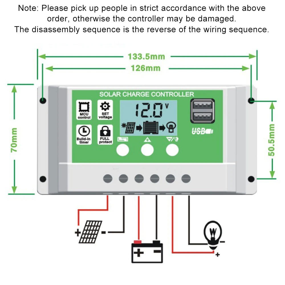 Solar Panel Charge Controller PWM Battery Charger for Lead Acid Battery Li-ion Lithium Batteries 30A 20A 10A 12V 24V