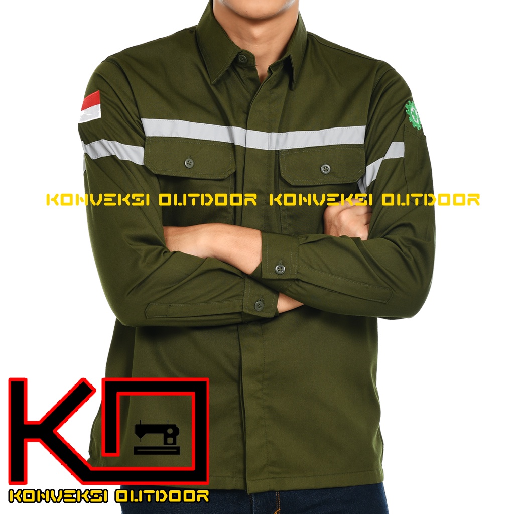 BAJU KEMEJA SAFETY WEARPACK K3 OUTDOOR PREMIUM LENGAN PANJANG - Seragam Proyek Pria Kerja Lapangan Bangunan Tambang Alat Berat PLN Enginer Instalasi Mesin Warepack Werpak Werpack Warepak Warpack Warpak Teknisi scotlet Warna Hijau Army Konveksi Outdoor