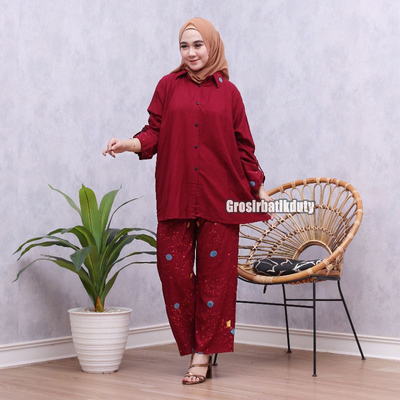 JUMBO SKODER SET CELANA DAN KEMEJA SHIBORI PAJAMAS TIE DYE TERBARU BAJU TIDUR PIYAMA KEKINIAN-Skoder angksa maron
