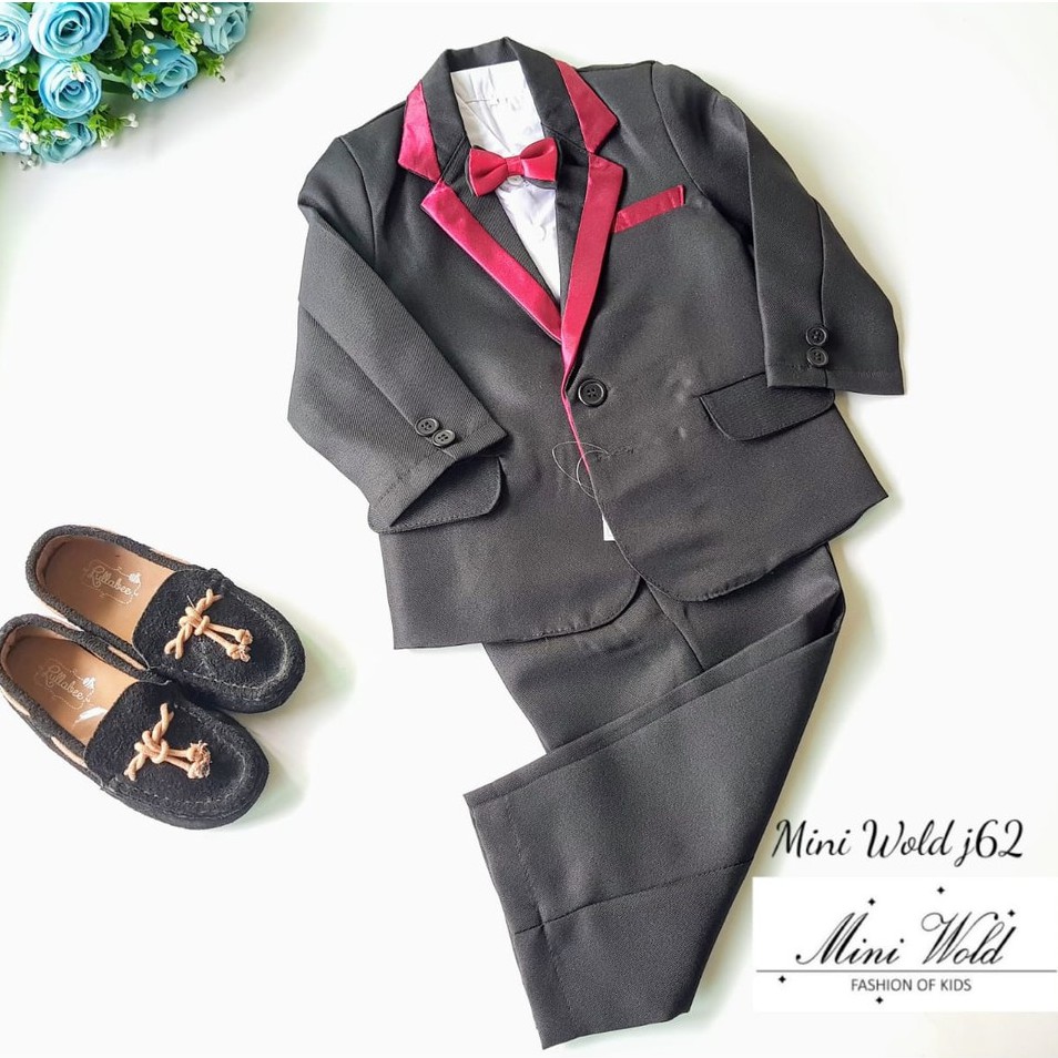 Setelan Jas Anak Laki Laki Usia 1 - 12 Tahun HITAM - Setelan Pesta Anak Cowok 4in1 Jas List Merah Tuxedo Lengkap Anak - Setelan Resmi Anak Cowok