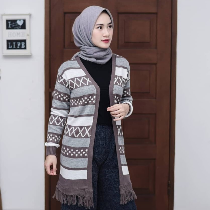 Long Hinata Cardigan Atasan Rajut Wanita Kardigan Rajut Motif Etnik Rumbai Gardigan Rajut Wanita-Burgundi