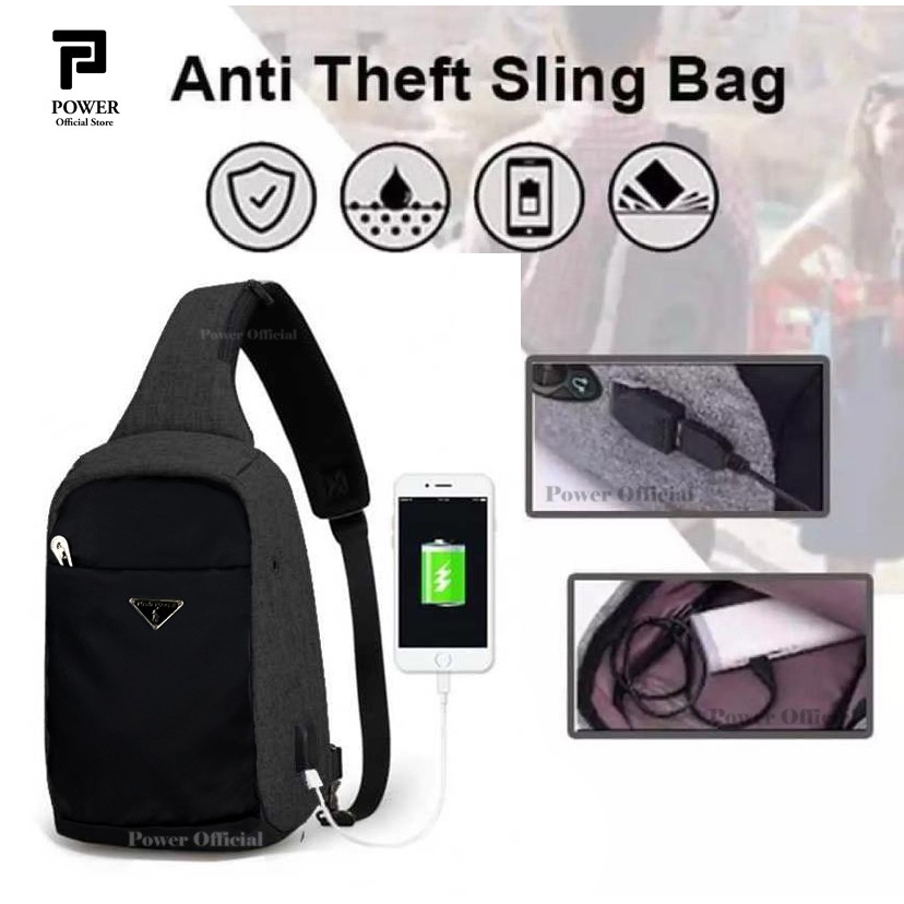 Polo Power - Tas Selempang Pria Anti Maling Slingbag Import USB - Smart Crossbody Bag Anti Thief USB