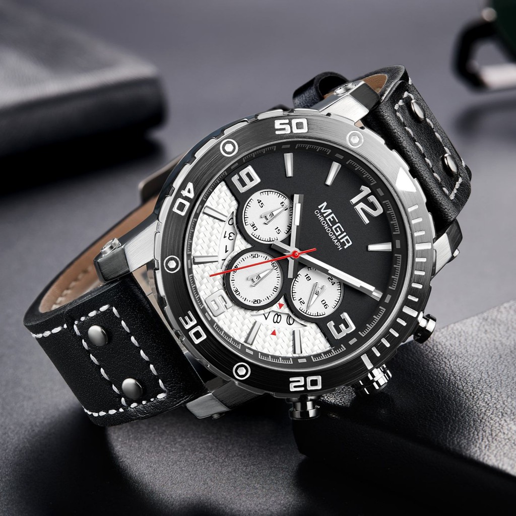 MEGIR 2084 Jam Tangan Pria Analog Chronograph Tali Kulit Luminous WATCHKITE WKOS