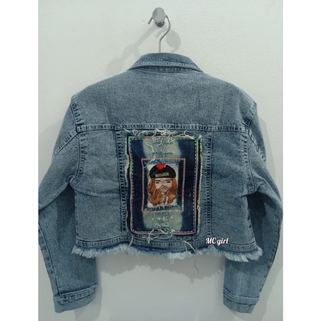 MC girl - Jaket Jeans Premium Crop Rawis Snow Blue Gambar Wanita / Jaket Denim Body Pendek Rumbai Ukuran XXL / Jacket Lepis Gambar Cewek Size 2XL