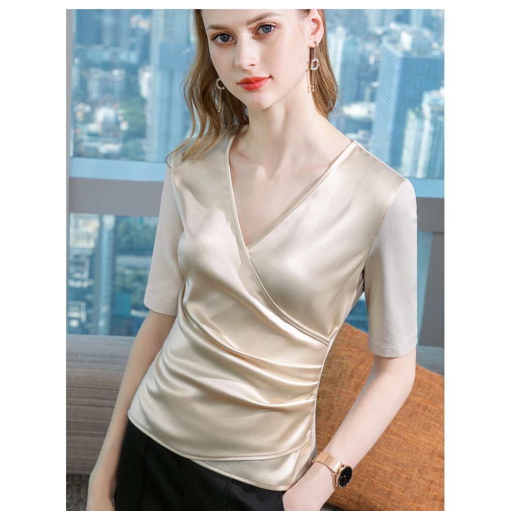 【Moon Blush】Korean Halus Lembut Solid Fold V-neck Satin Blouse 7237