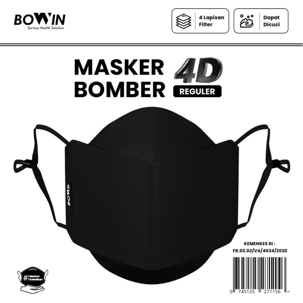 Bowin Masker Bomber Reguler 4D (Masker Kain 4 Lapis) Original KEMENKES