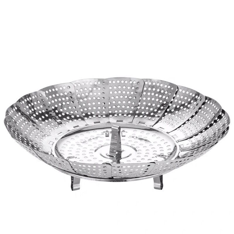 Keranjang Steamer Makanan/Panci Jaring Kukus Ikan Telur Lipat Yang Dapat Ditarik/Tempat Penyimpanan Rak Makanan Kukus Bun Stainless Steel/Expandable Mesh Steamer Cookware Alat Dapur