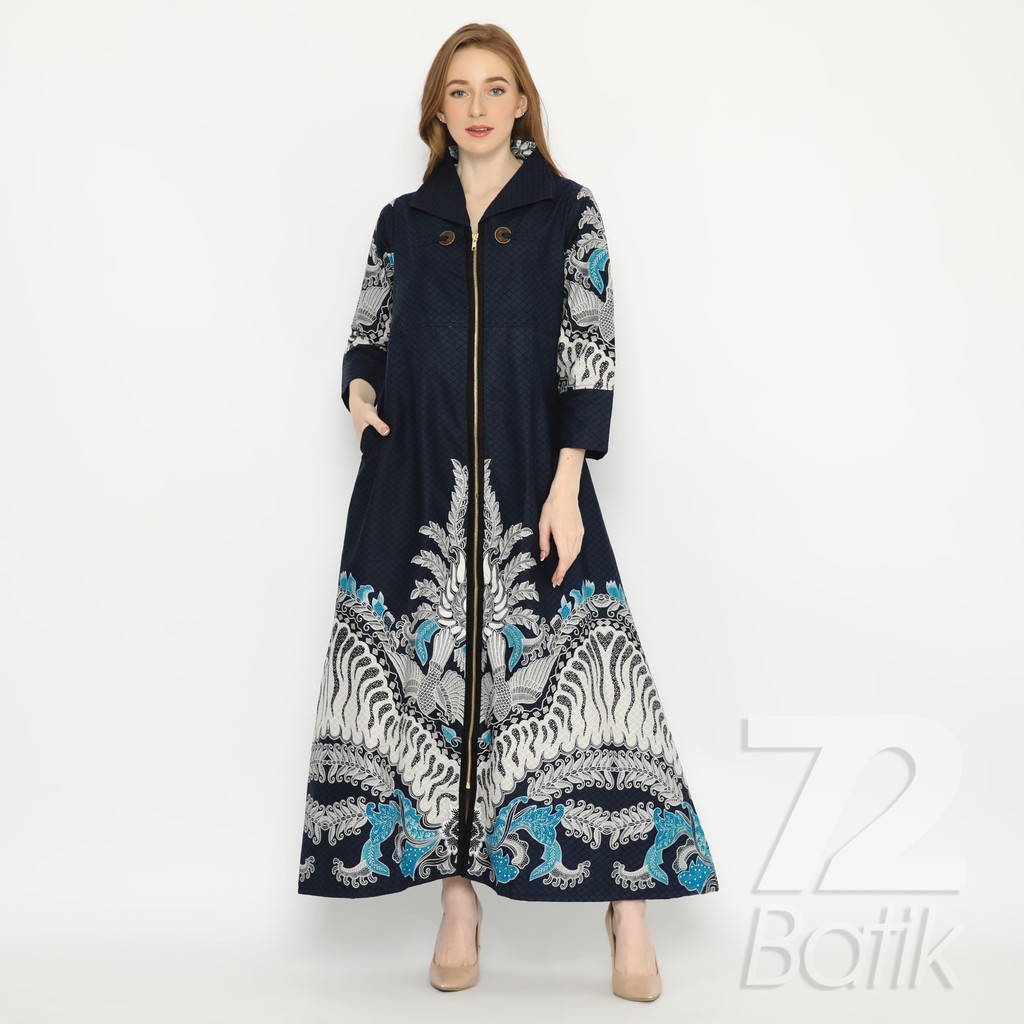 GAMIS BATIK AKSARA PREMIUM FULL TRIKOT LONG DRESS NAVY BIRU DONGKER KATUN PRIMISSIMA 728184 CAP 72