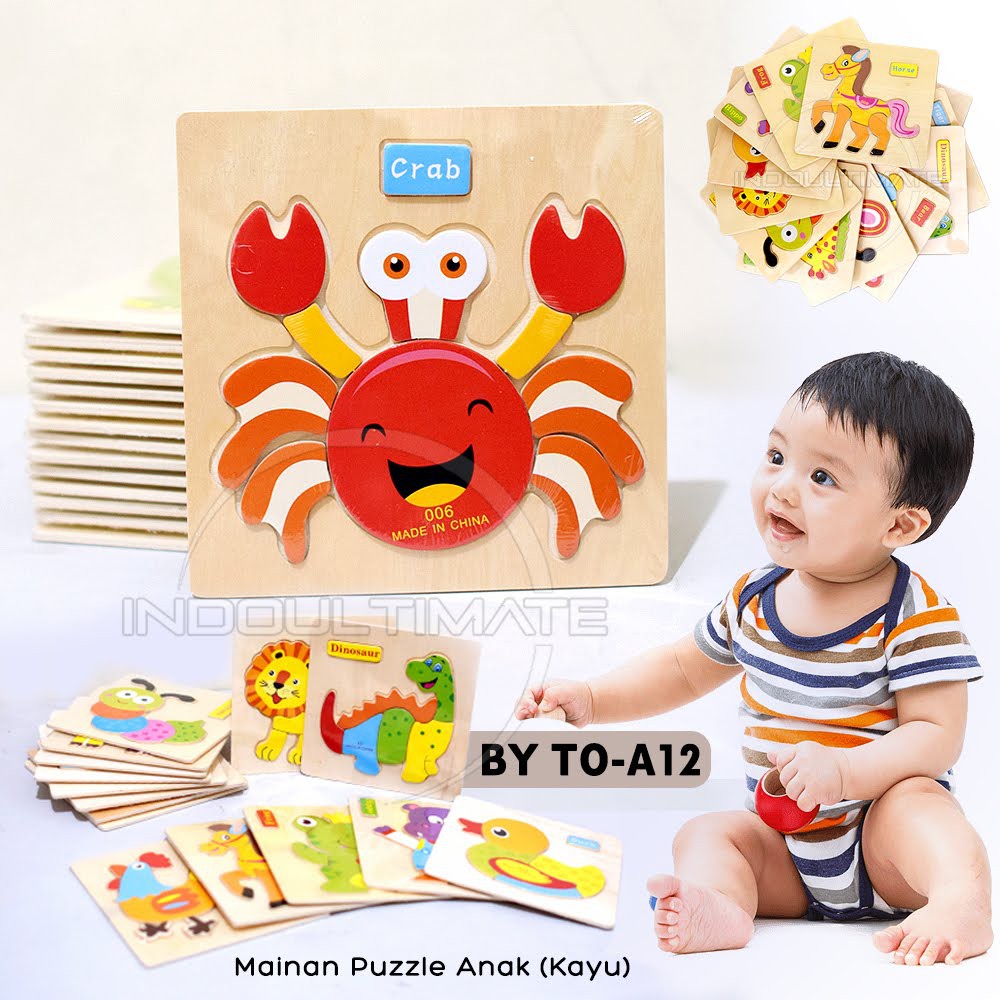 Mainan Puzzle Kayu TO-A12 tebal AMAN Besar & Kecil lucu Mainan Edukasi Edukatif genggam motorik Anak bayi balita Kids toys murah bagus-(A12)CRAB