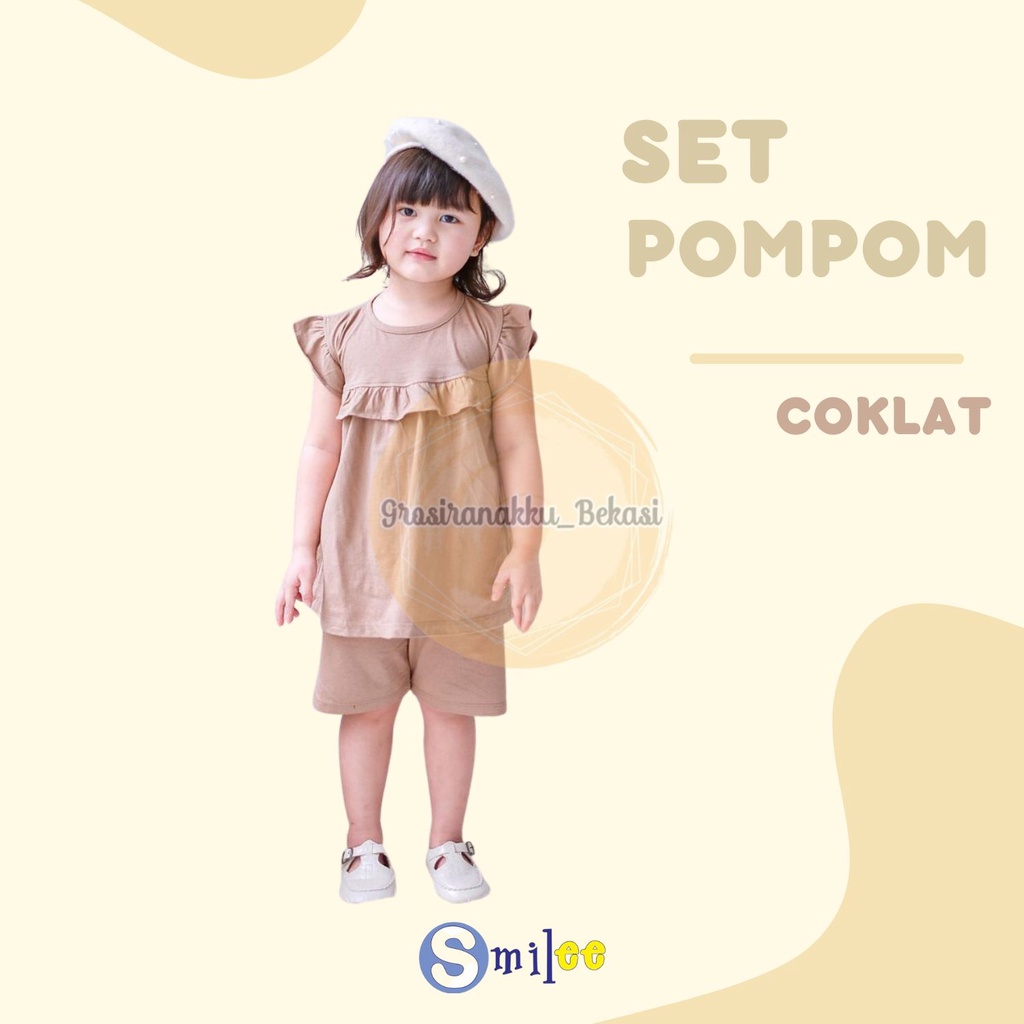 Setelan Anak Kaos Smilee Pompom Warna Coklat size 1-5Thn