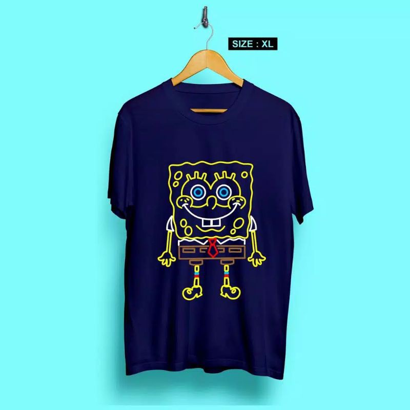 Fourfashion Kaos Pria Kaos Distro XL SPONGEBOOB GARIS NavyBlue CN803