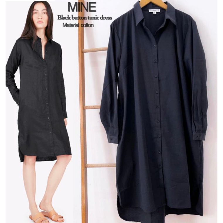 DRESS WANITA HITAM POLOS MINE BUTTON DOWN SHIRT TUNIK