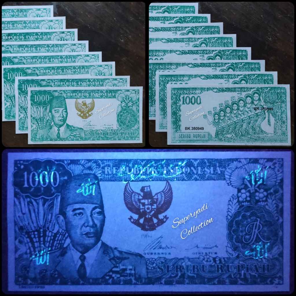 Kertas Rp 1000 1964 Soekarno Melengkung Penari Serimpi 7 Hijau Garuda Emas Tulisan Limited Swiss, di