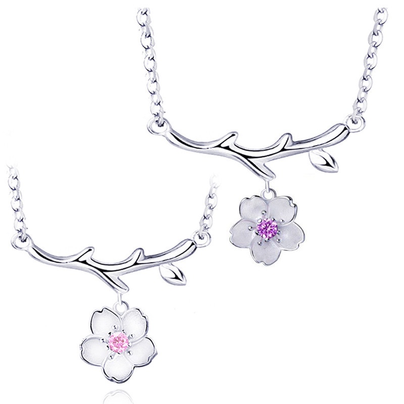 [Ready Stock]Fashion Pink Diamond Purple Diamond Cherry Blossom Necklace Flower Branch Pendant