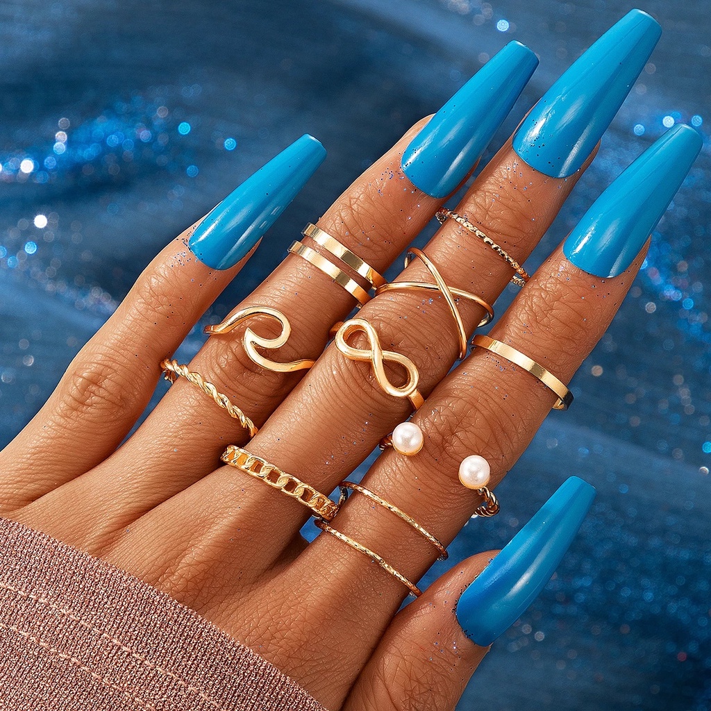 10 Piece/Set Retro Bohemian Alloy Imitation Pearl Simple 8 Word Rings Set