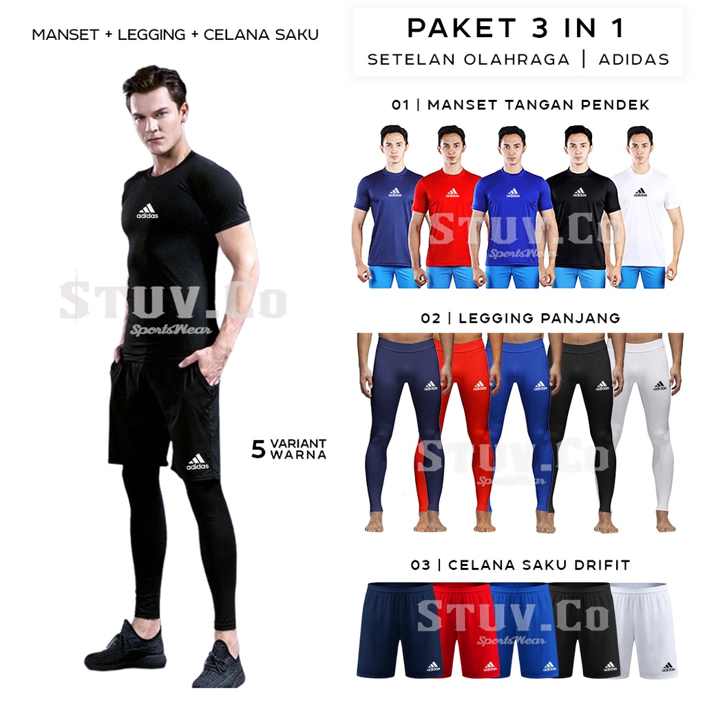 PAKET 3IN1 STELAN OLAHRAGA MANSET BASELAYER LENGAN PENDEK LEGGING PANJANG DAN CELANA FUTSAL SAKU UNISEX 5 PILIHAN WARNA