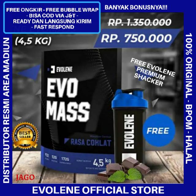 EVOLENE EVO MASS (FREE SHAKER) EVOMASS 4500gr/10lbs GAINER  PENAMBAH BERAT BADAN BPOM MADIUN