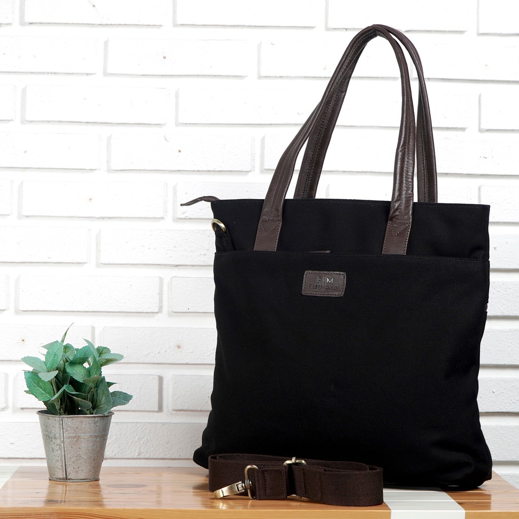 [PREMIUM] Tas Kerja Totebag Laptop Pria Wanita Kanvas Kulit ASLI Eastmovin Iowa Hitam