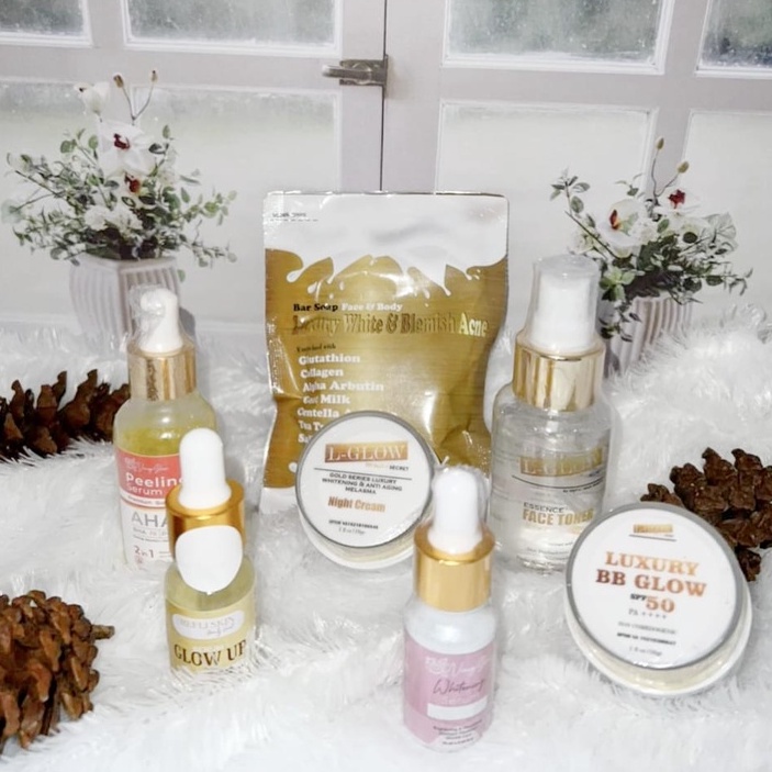 PAKET BB GLOW LUXURY SPF 50+, SERUM PROPOLIS, PEELING SERUM PREMIUM BOOSTER AHA, BAR SOAP LUXURY WHI