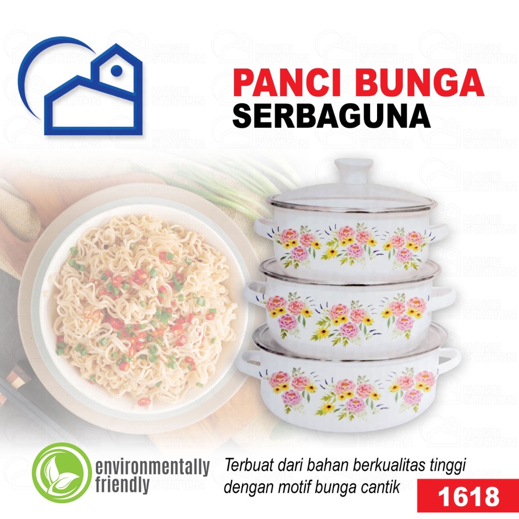 PANCI SET ENAMEL 3 SUSUN MOTIF BUNGA + TUTUP KACA 16 18 20 cm 1618