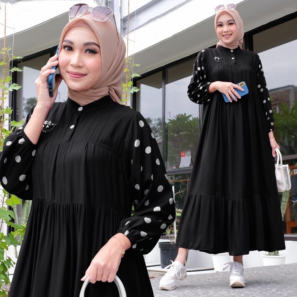 COD - Dasima Dress Gamis Combi Polka Monalisa Premium Fashion Muslim Gaun Maxy Terbaru