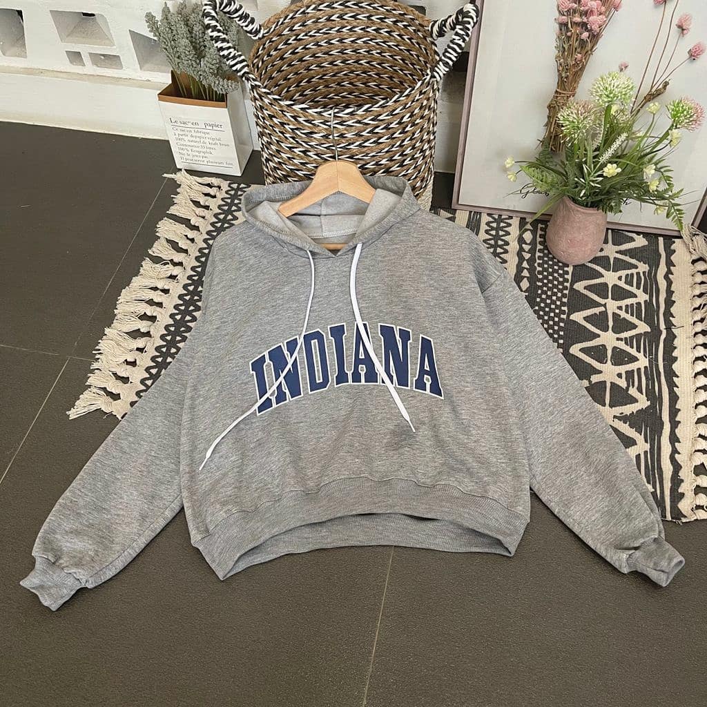 Croope Hoodie Indiana Croptop Oversize Wanita Motif Lettering Bahan Fleece