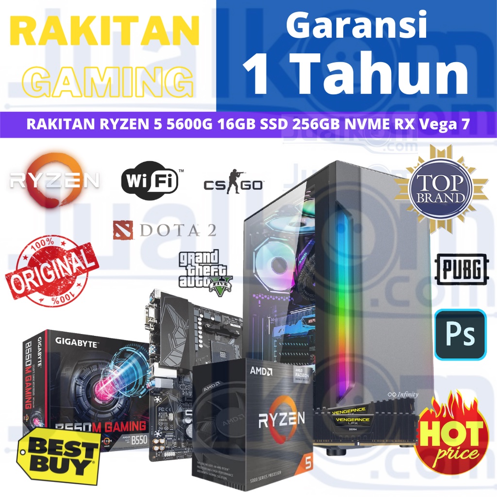 PC Rakitan Gaming RYZEN 5 5600G 16GB 256GB NVMe B550M RX Vega 7