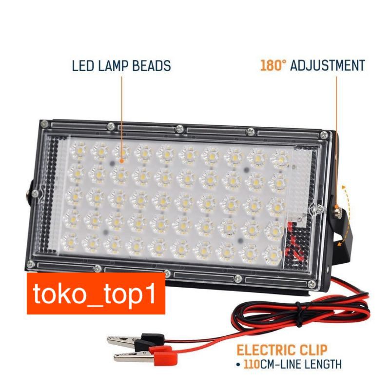 Lampu Led Sorot 12v dc  50w putih Kap Big Power Floodlight DC 12V 50W + Kabel jepit aki 1.5m/ kap