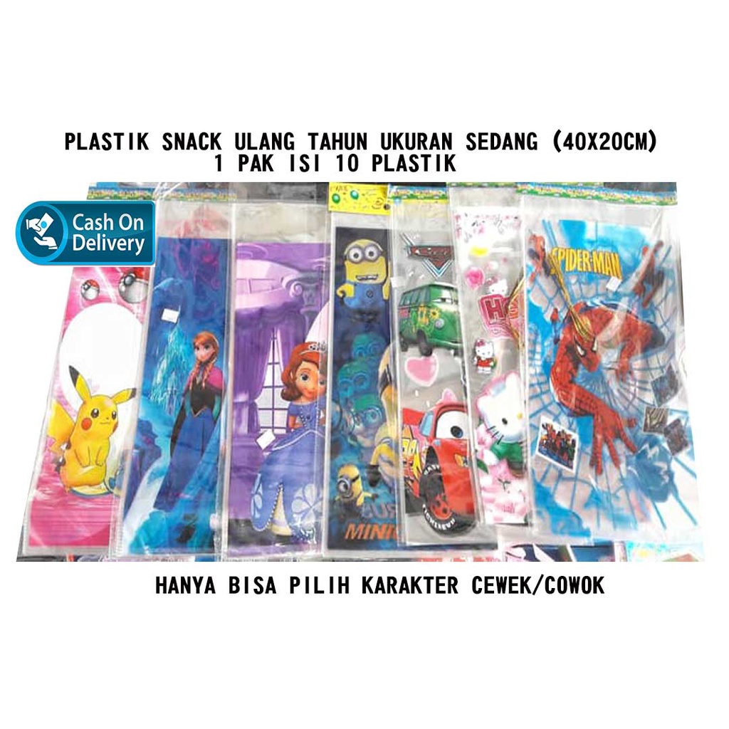 

1 PAC (ISI 10) PLASTIK BINGKISAN/PLASTIK SNACK ULANG TAHUN ANAK KARAKTER UKURAN SEDANG (40X20 CM)