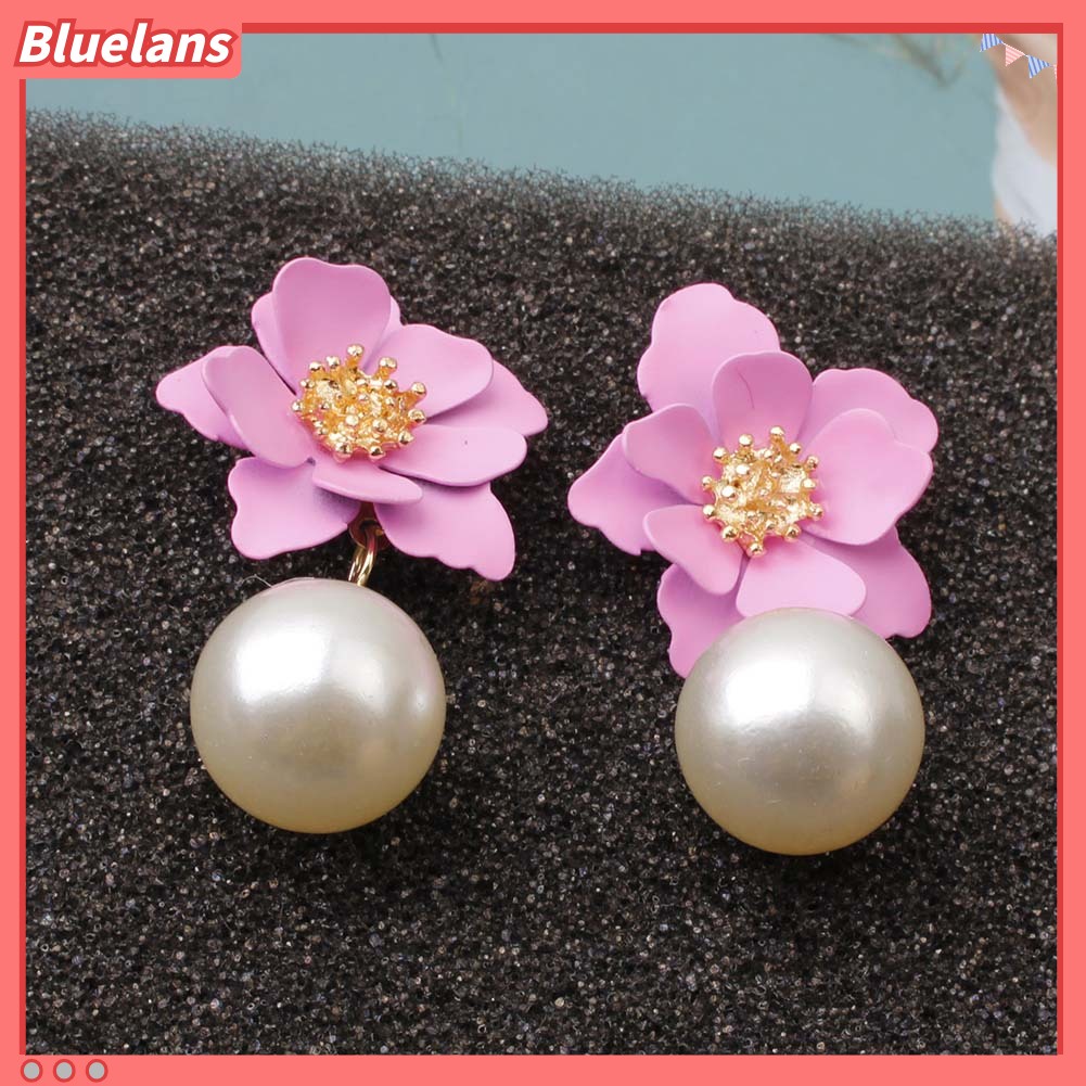 Bluelans Anting Tusuk Gantung Wanita Desain Bunga Resin Hias Mutiara Imitasi Untuk Musim Panas