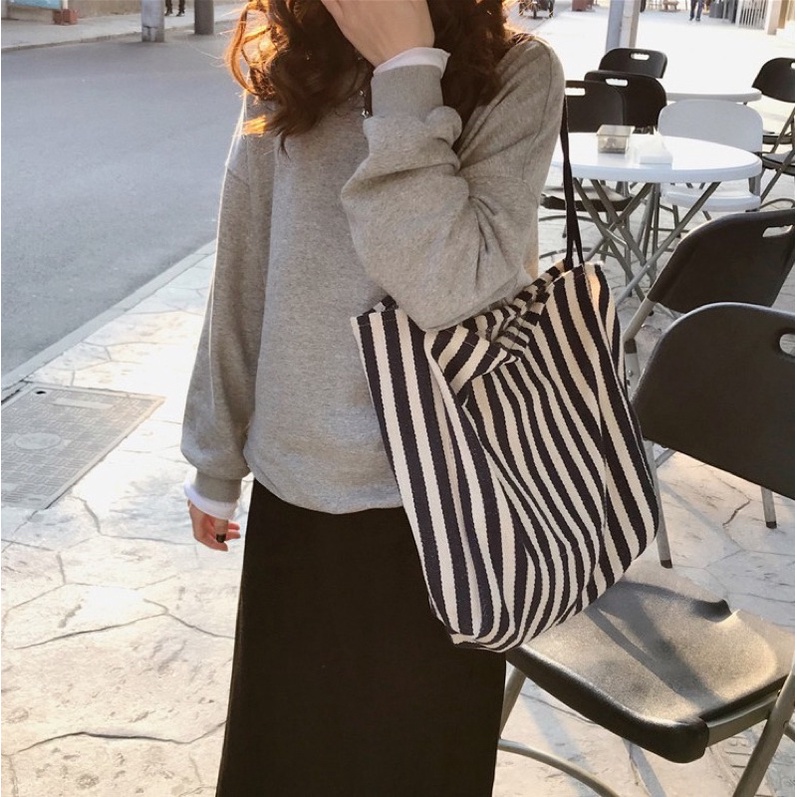 KOREAN STRIPE CANVAS TOTE BAG TAS BAHU KOREA