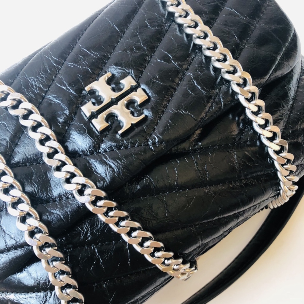 316  22cm TB Black oil wax leather   KIRA CHEVRON SMALL CONVERTIBLE SHOULDER BAG new small chain bag shoulder bag messenger bag