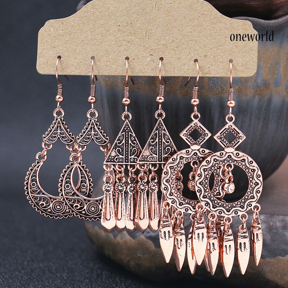 OW# 3Pairs Geometric Round Seashell Dangle Women Hoop Hook Earrings Party Jewelry